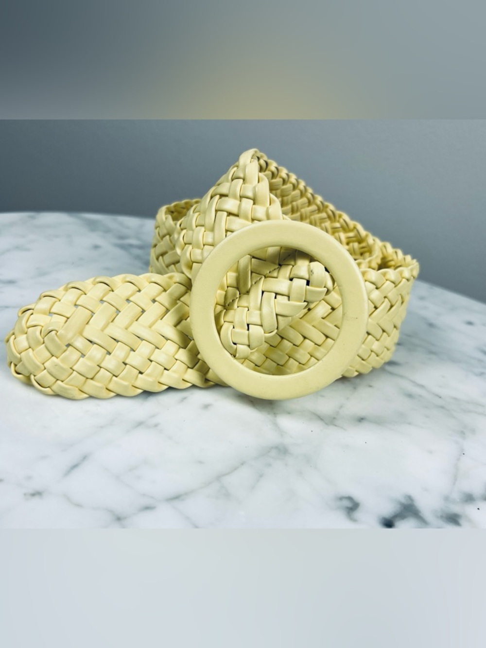 Wide Light Yellow Braided Belt – Bohemian Round Buckle – Size M